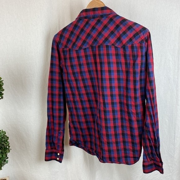 Levi’s Men's  Blue & Red Pearl Snap Long Sleeve Plaid Gingham Western Shirt M - Picture 3 of 7